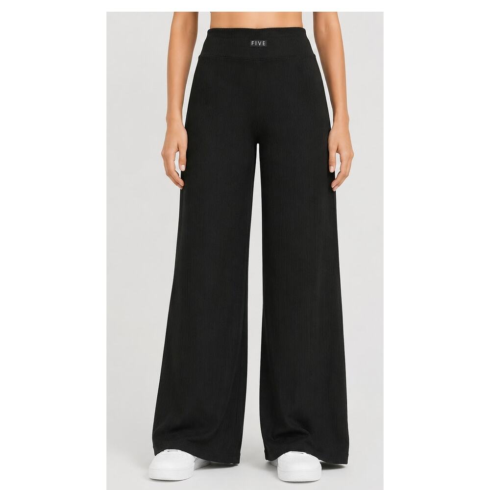 FIVE Ribbed Hugh Waist Wide Leg Pants Black Womens Small NWOT